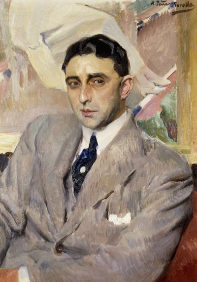 俳優の肖像、ラモン・ペナ、ハーフレングス、グレーのスーツを着て、 作： Joaquín Sorolla