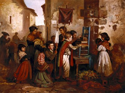 宗教的な行列で遊ぶ子供たち（Joaquim Vayreda y Vila 画 作： Joaquin Vayreda