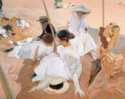サラウツのビーチの日よけの下。 1905 作： Joaquín Sorolla