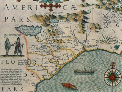 ノースカロライナの海岸、1606年のメルカトル地図書からのVirginiae item et Floridaeというタイトルの地図の詳細、パブ。ジョドカス・ホンディウスによる、1619年の手彫りの彫刻66866、81957、81958も参照 作： Jodocus Hondius