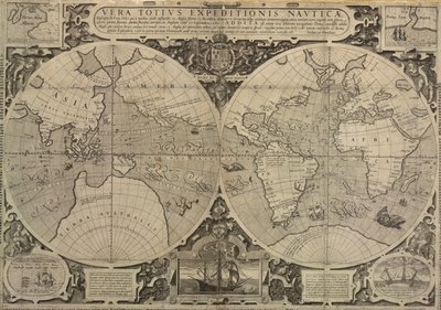1577 年から 80 年にかけてのドレイクの世界航海、航海遠征全体の真の説明 作： Jodocus Hondius