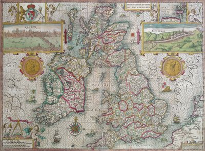 グレートブリテンおよびアイルランド王国の地図、1610年（手描きの彫刻） 作： Jodocus Hondius