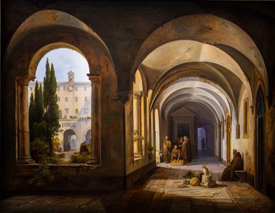 ローマのサンタ・マリア・ダラコエリの回廊にいるフランシスコ会修道士たち 作： Jodocus Sebastiaen van den Abeele
