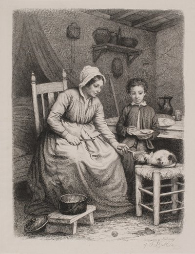 猫は貧しい女性から夕食をもらいます。 国内シーン 作： Joel Ballin