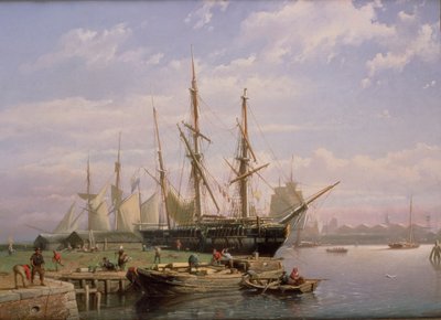 河口のアンカーでオランダの帆船 作： Johan Adolph Rust