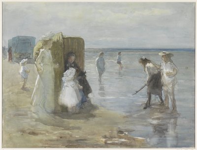2 人の女性と子供がいるスヘフェニンゲン ビーチの潮汐線に沿った景色 作： Johan Antonie de Jonge