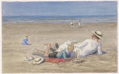 ビーチで 2 人の子供と乳母を休んでください。 作： Johan Antonie de Jonge