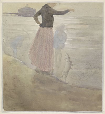 ビーチで 2 人の子供と犬を持つ女性 作： Johan Antonie de Jonge