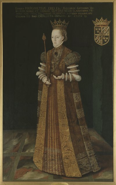Marguerite Lejonhufvud, reine consort de Sweden, seconde epouse de Gustave I Vasa - スウェーデンの女王 Margaret Leijonhufvud (1516-1551)、Uther, Johan Baptista van (1562-1597 で活動中) 作。 キャンバスに油彩。 寸法: 195x121cm。 ストックホルム国立博物館 作： Johan Baptista van (active 1562 1597) Uther