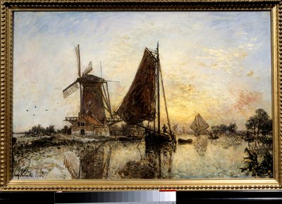 オランダの風景、水車小屋の近くのボート ジャン・バルトルド・ジョンキンド（1819-1891）の絵 1868年 日0,52x0,81 m パリ、オルセー美術館 作： Johan Barthold Jongkind