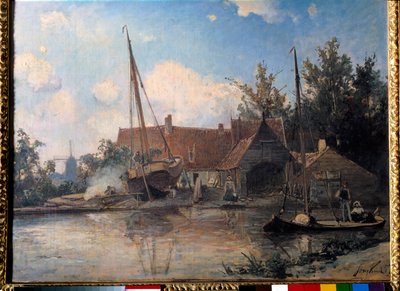 大きな船のあるオランダの風景 カシメの絵 ジャン・バルトルド・ジョンキンド（1819-1891） 1857年 日0,42x0,56 m 作： Johan Barthold Jongkind