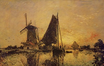 オランダでは、風車の近くのボート、1868 作： Johan Barthold Jongkind