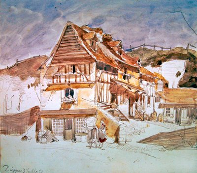 1851年、フランス、ノルマンディーのディエップにある古い家屋（紙にペン、インク、トイレ） 作： Johan Barthold Jongkind