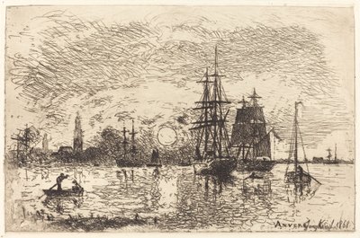 サンセット、アントワープ港 作： Johan Barthold Jongkind