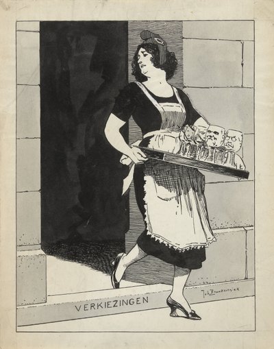De Amsterdammer のイラストのデザイン: ガラスのトレイを持ったメイドとしてのオランダの聖母が選挙の階段につまずく (1924 年 5 月 17 日) 作： Johan Braakensiek