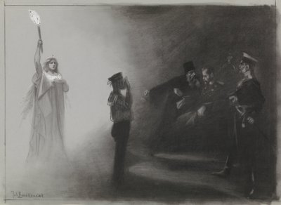 De Amsterdammer: 海でのロシアの敗北、1905 年 6 月 4 日のイラストのデザイン 作： Johan Braakensiek