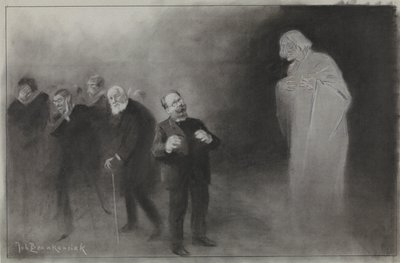 De Amsterdammer のイラストのデザイン: 1907 年 1 月 13 日、Van den Stadsschouwburg の新年の願いで Schimmel を忘れる 作： Johan Braakensiek