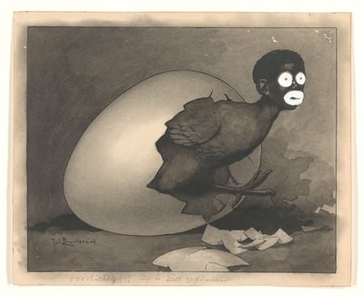 De Amsterdammer のイラストレーションのデザイン: 黒人男性が卵から孵化する (1930 年 4 月 19 日) 作： Johan Braakensiek