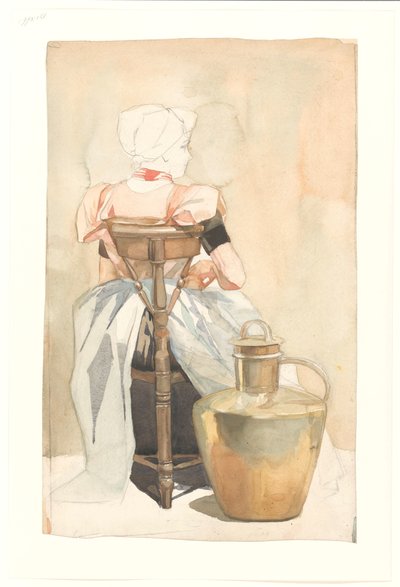後ろから見た、伝統的な衣装で座っている女の子 作： Johan Braakensiek