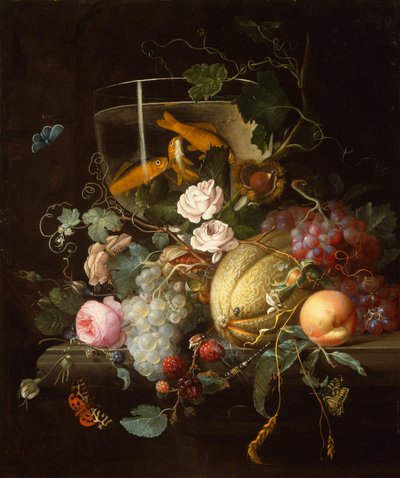 金魚鉢、バラ、果物、木の実、虫のいる石棚 作： Johan Christiaan Roedig