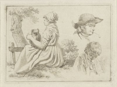 水差しを持つ着席女性、パイプを持つ男性と少年のポートレート 作： Johan Christiaan Willem Safft