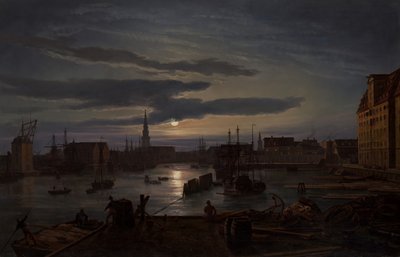 コペンハーゲン港、ムーンライト、1846年。 作： Johan Christian Dahl