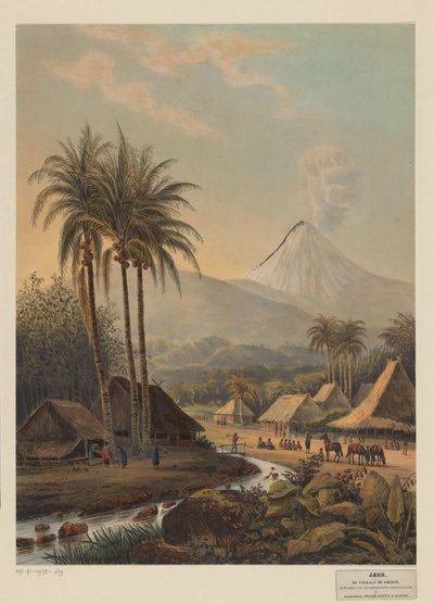 村と Java の火山 Semeru のビュー Passa Rouang邸宅から撮影されたSmeroe火山（オブジェクトのタイトル） 作： Johan Conrad Greive