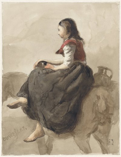 2 つの水差しを持つ馬に座っている女性 作： Johan Daniël Koelman