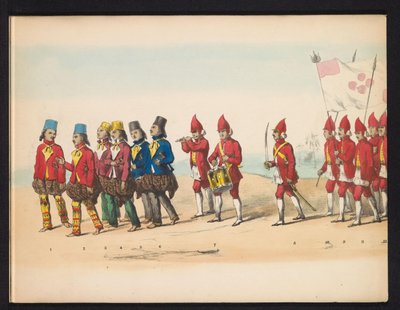 デルフトの学生の仮面舞踏会、1857年（プレート1） 1857 年 5 月 5 日にデルフト学生団のメンバーによって開催された衣装を着た行列で、ジョクジョカルタのスルタンのガレベグ行列と、N の最も特徴的なタイプを描いています。 作： Johan Hendrik Hoffmeister