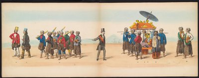 デルフトの学生のマスカレード、1857年（プレート5） 1857 年 5 月 5 日にデルフト学生団のメンバーによって開催された衣装を着た行列で、ジョクジョカルタのスルタンのガレベグ行列と、N の最も特徴的なタイプを描いています。 作： Johan Hendrik Hoffmeister