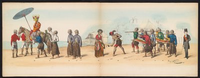 デルフトの学生のマスカレード、1857年（プレート6） 1857 年 5 月 5 日にデルフト学生団のメンバーによって開催された衣装を着た行列で、ジョクジョカルタのスルタンのガレベグ行列と、N の最も特徴的なタイプを描いています。 作： Johan Hendrik Hoffmeister