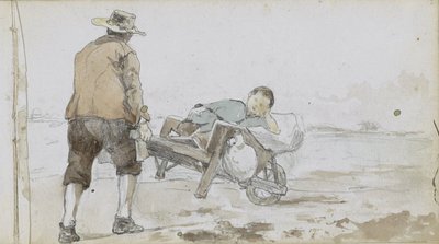 男が手押し車で男の子を押している風景 作： Johan Hendrik Weissenbruch