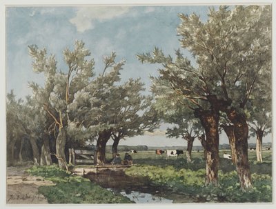 二人の少年が釣りをしている溝のある風景 作： Johan Hendrik Weissenbruch