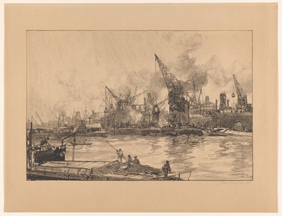 ロッテルダム港の眺め、さまざまなクレーン 作： Johan Hendrik van Mastenbroek (signed by artist)