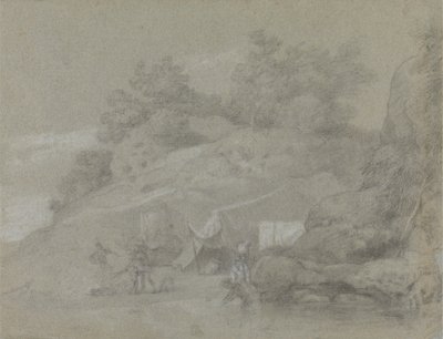 おそらくインドにあると思われる人物が描かれた岩の多い堤防のそばの川 作： Johan Joseph Zoffany