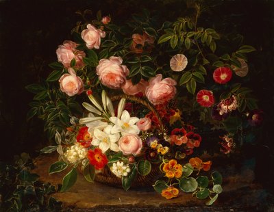 バラの茂みによるバラ、ユリ、パンジーのバスケット 作： Johan Laurents Jensen