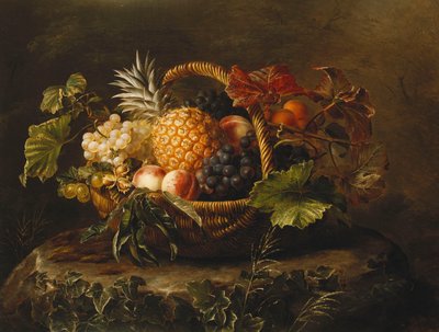 かごの中のパイナップル、ブドウ、桃、アプリコット、 作： Johan Laurents Jensen