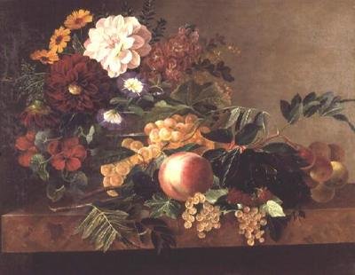 大理石のテーブルに置かれた花とフルーツ 作： Johan Laurents Jensen