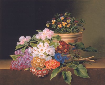 ライラック、リンゴの花、ヤグルマギク、スイートウィリアムズ、棚にヴィオラの鍋、1827年 作： Johan Laurents Jensen