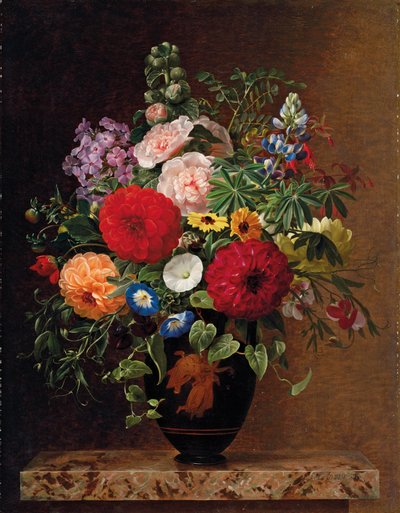 ライラック、リンゴの花、ヤグルマギク、スイートウィリアムズ、棚にヴィオラの鍋、1827年 作： Johan Laurents Jensen