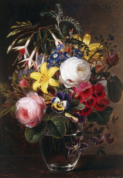 花瓶の中のバラ、ユリ、パンジー、その他の花 作： Johan Laurents Jensen