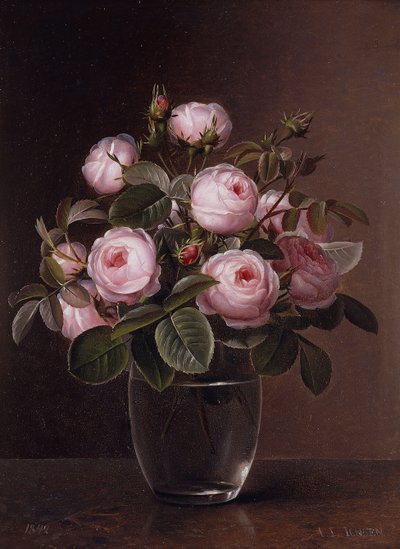 ガラスの花瓶のバラ、1842 作： Johan Laurents Jensen