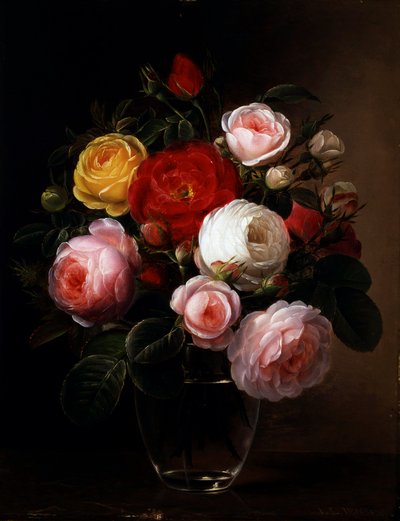 ガラスの花瓶のバラの静物画。ヨハン・ローレンツ・イェンセン（1800-1856 デンマーク）の絵画 優良コレクション 作： Johan Laurents Jensen