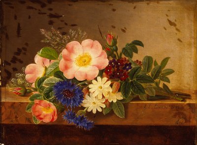 棚の上の野生の花、ヤグルマギク、その他の花 (キャンバスに油彩) 作： Johan Laurents Jensen