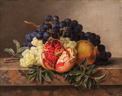 ザクロと大理石のフレームの緑と青のブドウ、1833年。 作： Johan Laurentz Jensen