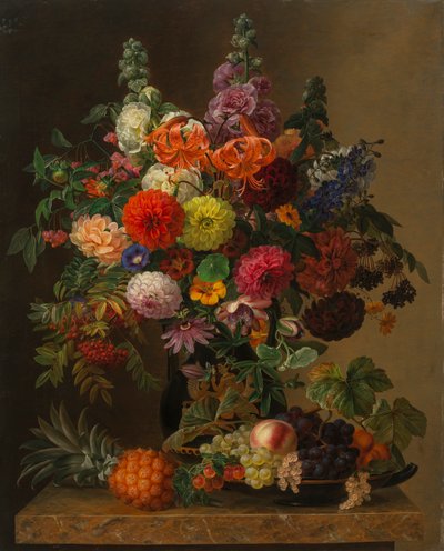 花と果物のある静物、1836年。 作： Johan Laurentz Jensen