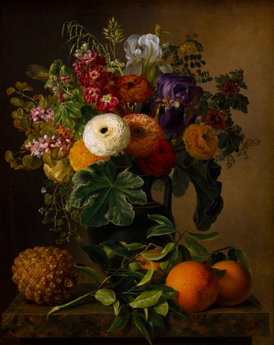 アンティークの花瓶に花のある静物、1834年。 作： Johan Laurentz Jensen