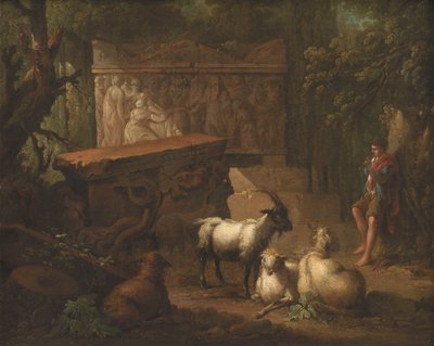 木々に囲まれた古代遺跡、前景には羊飼いとヤギ 作： Johan Mandelberg