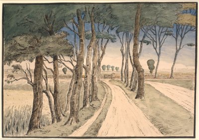 フィールド風景。 フォア グラウンドで木のある道 作： Johan Rohde