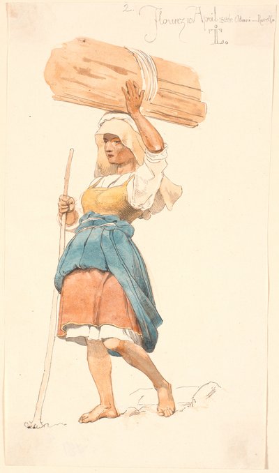 頭に薪の束を載せた裸足の農民の少女 作： Johan Thomas Lundbye